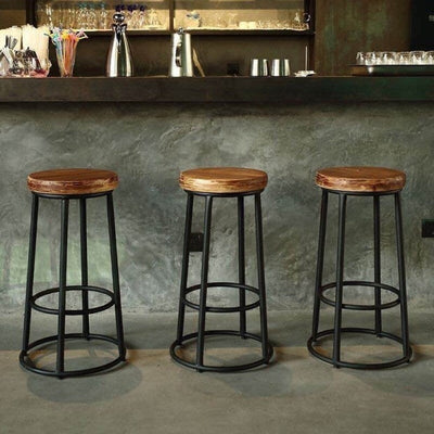 Tabouret de bar sans dossier en bois massif rond industriel contemporain avec cadre en fer et repose-pieds pour salle à manger 