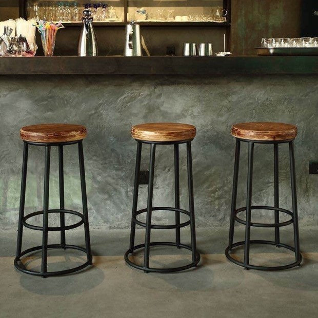 Tabouret de bar sans dossier en bois massif rond industriel contemporain avec cadre en fer et repose-pieds pour salle à manger 