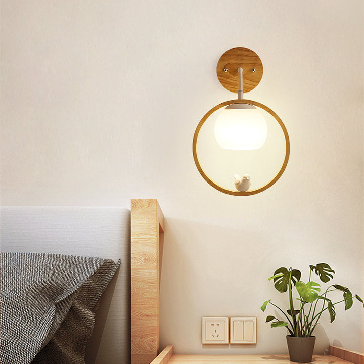 Zeitgenössische skandinavische Vogel Runde Holz Glas 1-Licht Wandleuchte Lampe für Schlafzimmer 