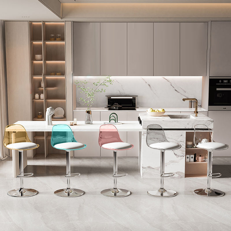 Tabouret de bar pivotant réglable contemporain scandinave avec base en métal incurvée en acrylique, dossier et repose-pieds pour la cuisine 