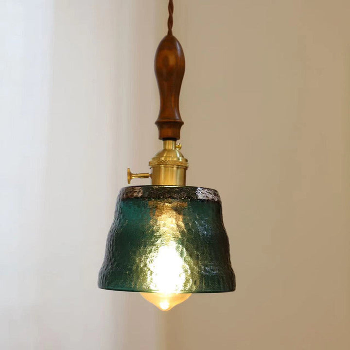 Lámpara colgante de 1 luz con pantalla de vidrio ondulado de nogal Art Deco moderno para sala de estar 