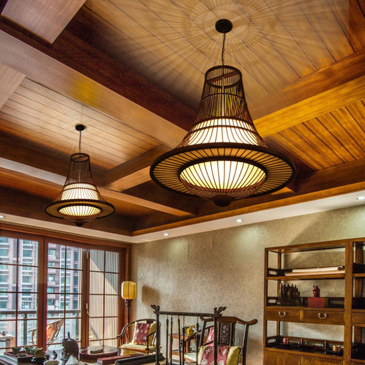 Suspension Luminaire en Bambou Tressé Japonais Traditionnel à 1 Lumière pour Salon 