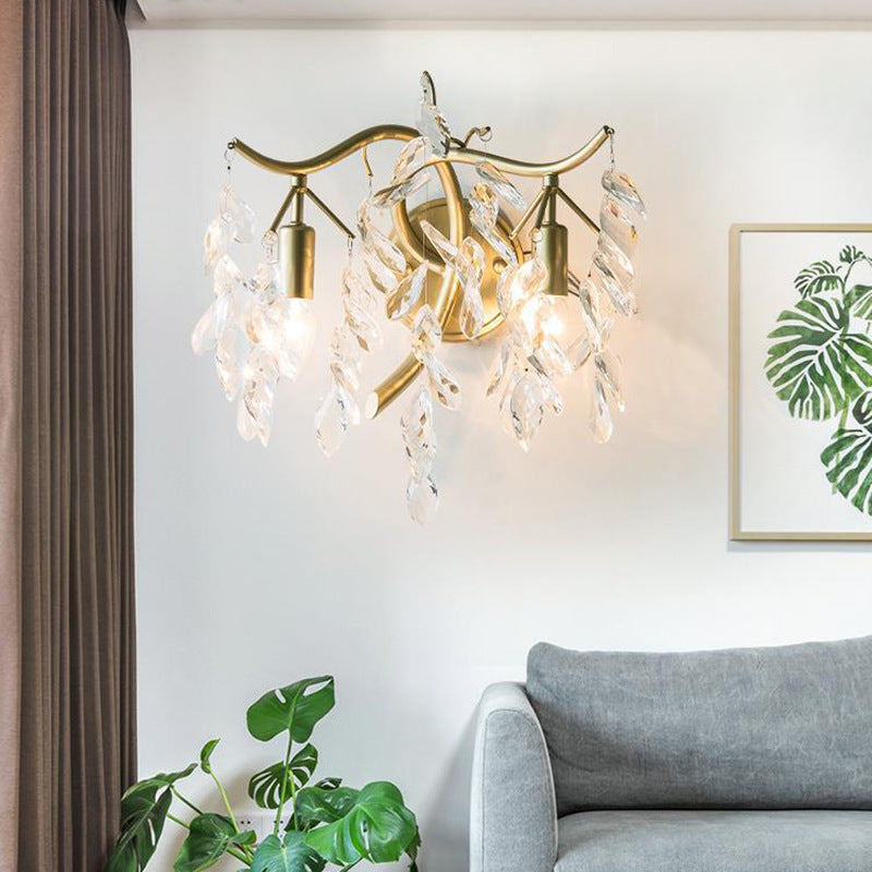 Traditionelle französische Blatt Eisen Kupfer Kristall 2-Licht Wandleuchte Lampe für Wohnzimmer 