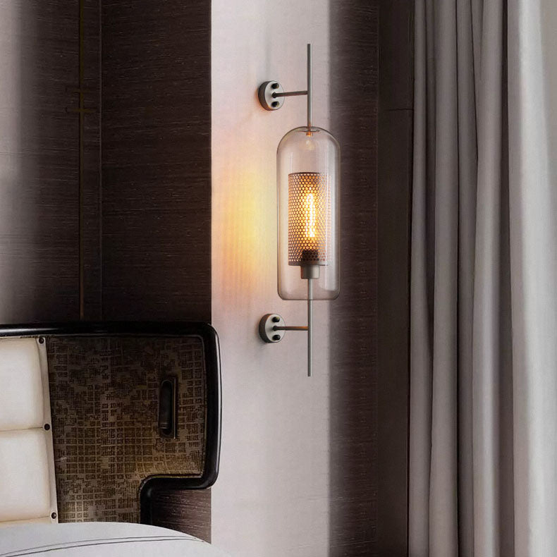 Contemporary Industrial Cylinder Glass Shade Iron Finish Frame 1-Light Wall Sconce Lamp For Bedroom