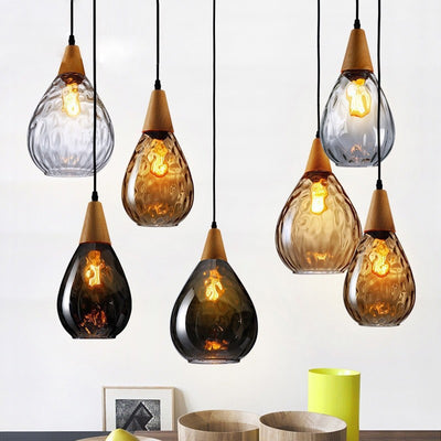 Zeitgenössische industrielle Wassertropfen Holz Glas 1-Licht Pendelleuchte für Wohnzimmer 