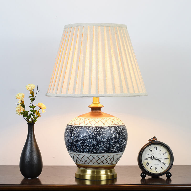 Vintage Chinese Round Ceramic Print Pleated Lampshade 1-Light Table Lamp