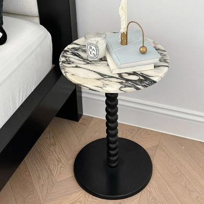 Table basse moderne minimaliste en bois de marbre avec base en corde de perles ronde pour salon 