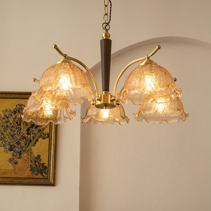 Chandelier en verre à pétales vintage traditionnel tout en cuivre avec 3/5 lumières pour salon 