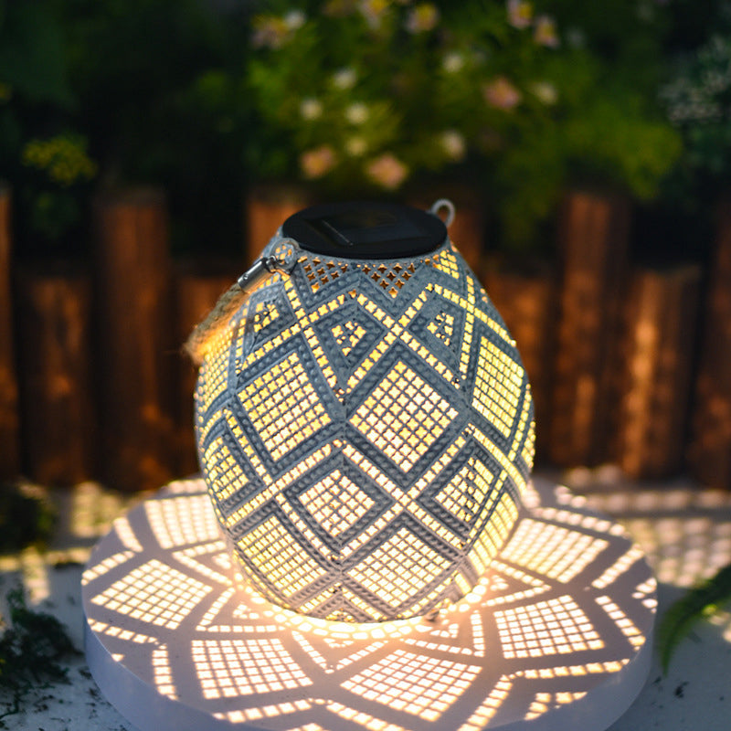 Moderne Art Deco Solar Aushöhlen Projektion Laternen Hanf Seil Eisen LED Außen Licht Für Außen Terrasse 