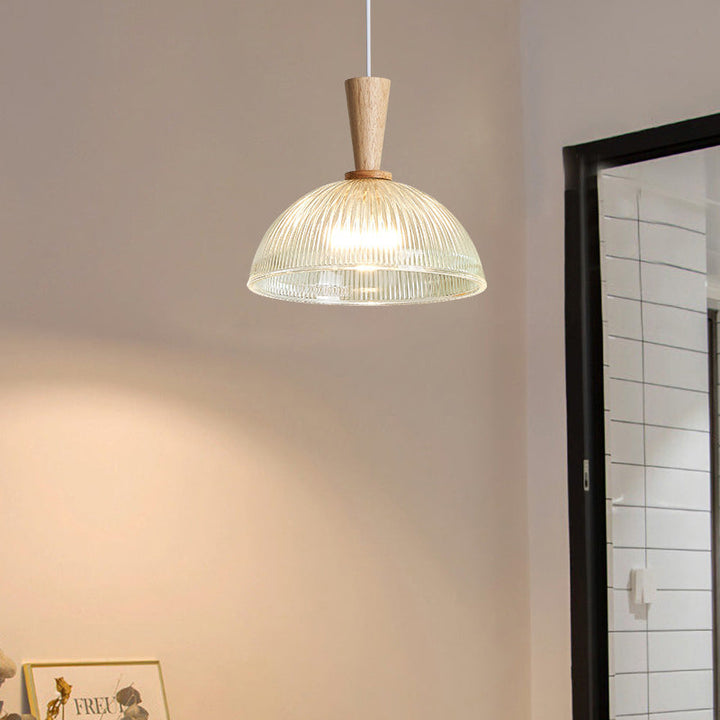 Suspension Luminaire Moderne Minimaliste Rond en Verre à Rayures en Dentelle avec Bois 1-Lumière pour Salon 
