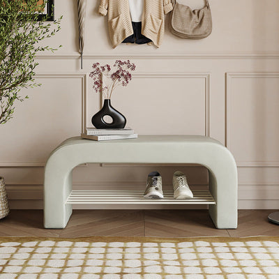 Banc de rangement moderne minimaliste en agneau rectangulaire long en cuir PU avec fer, 1 étagère pour les entrées 