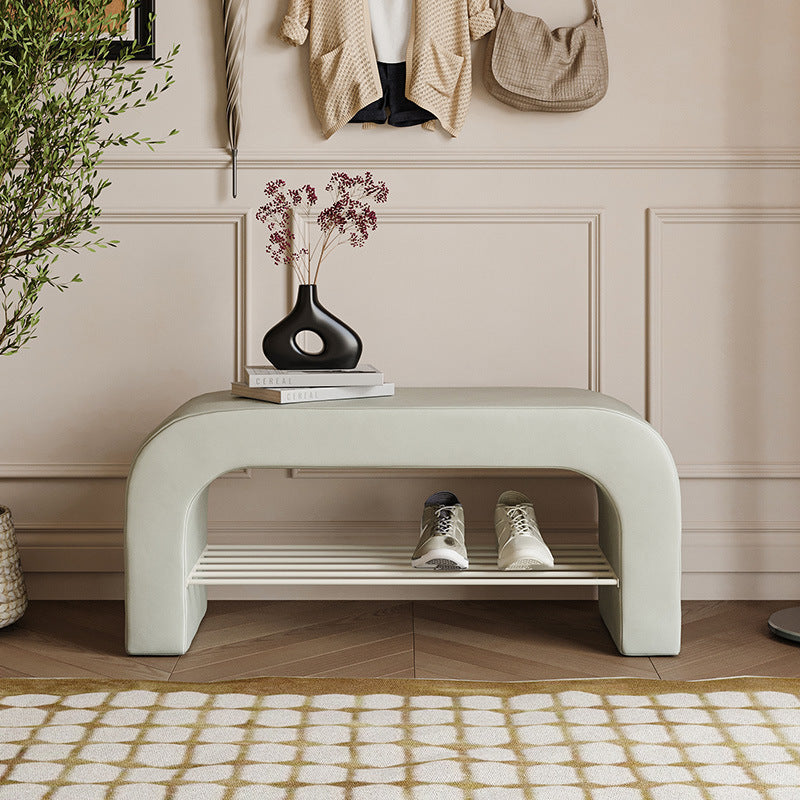 Banc de rangement moderne minimaliste en agneau rectangulaire long en cuir PU avec fer, 1 étagère pour les entrées 