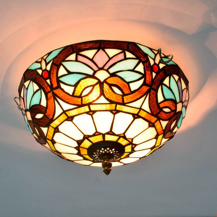 Traditionelle Tiffany Kuppel Eisen Glas 2-Licht Unterputzleuchte für Wohnzimmer 