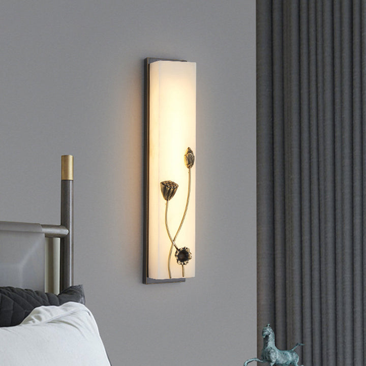 Traditional Chinese Copper Marble Cubic Bamboo Leaf Lotus Flower Ginkgo Biloba LED Wall Sconce Lamp For Bedside