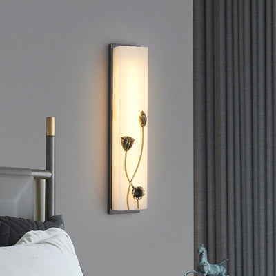 Applique murale LED traditionnelle en cuivre chinois marbre cubique feuille de bambou fleur de lotus ginkgo biloba pour chevet 