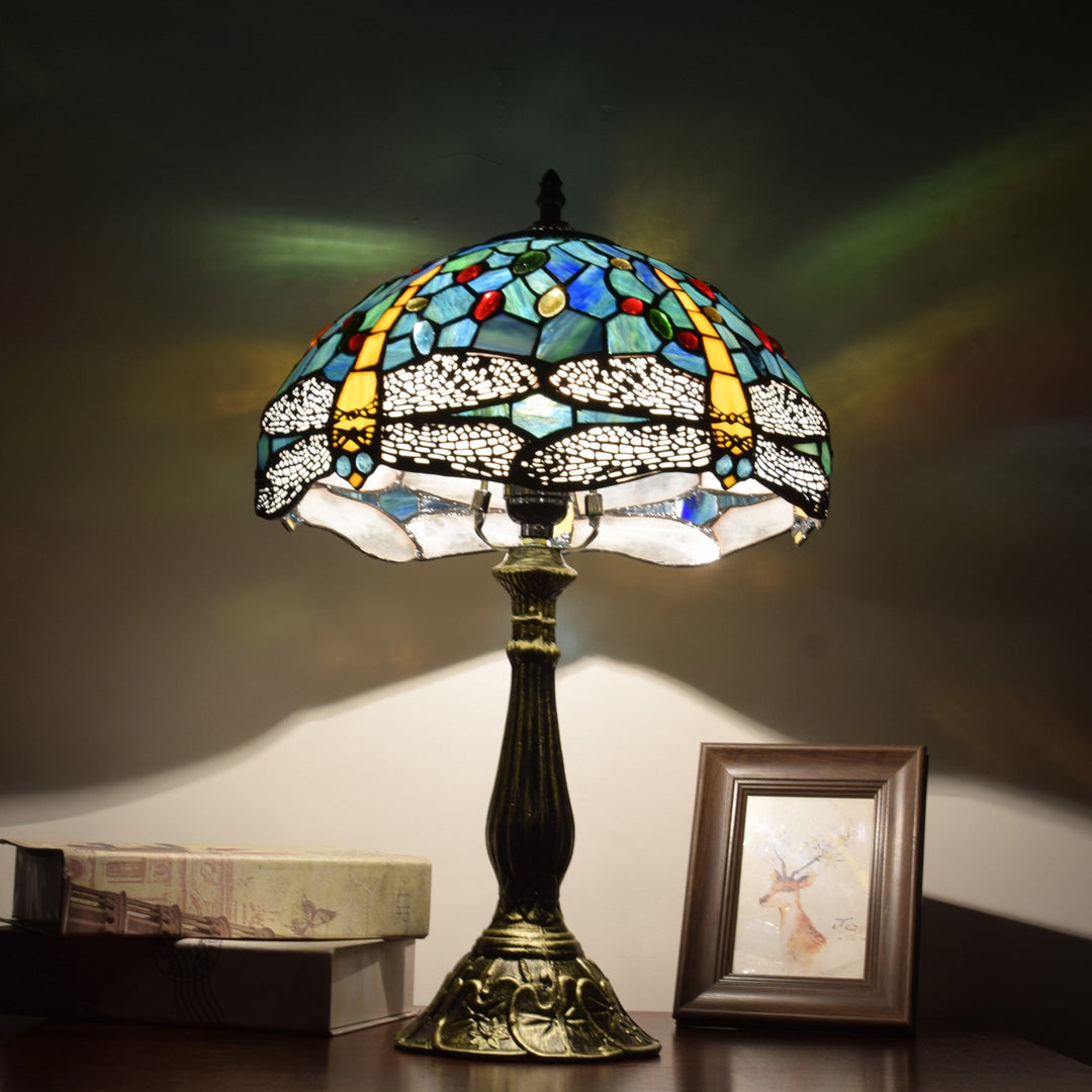 Traditional Tiffany Dragonfly Stained Glass 1-Light Table Lamp For Study