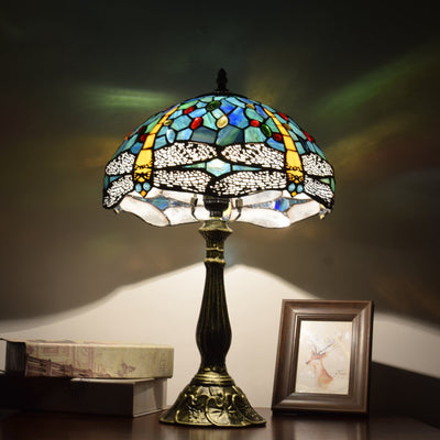 Traditionelle Tiffany Vintage Libelle Buntglas 1-Licht Tischlampe für Arbeitszimmer 