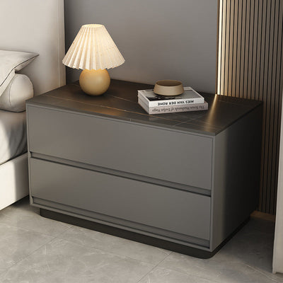 Table de nuit moderne minimaliste rectangulaire en bois massif avec dalle de pierre à 2 tiroirs pour chambre 