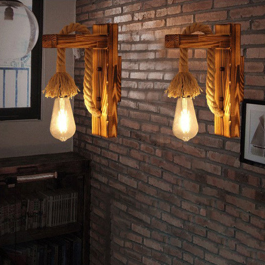 Lámpara de Aplique de Pared de 1 Luz con Colgante Cúbico de Vidrio de Hierro con Cuerda de Cáñamo de Madera Industrial Contemporánea para Pasillo 