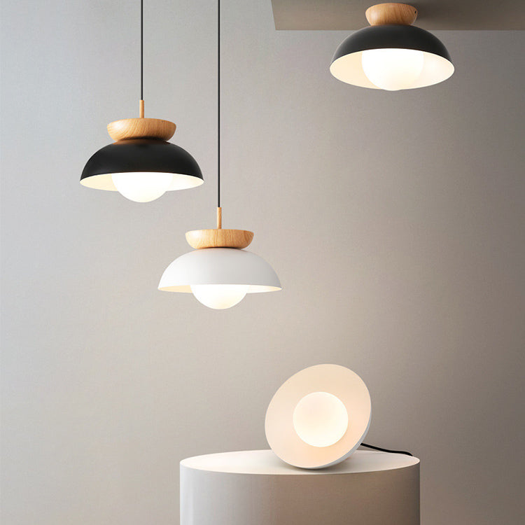 Suspension 1 lumière en bois et fer avec abat-jour rond moderne minimaliste pour salon 