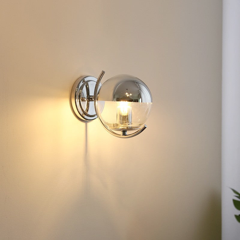 Modern Simplicity Silver Finish Frame Spherical Glass Shade 1-Light Wall Sconce Lamp For Bedroom