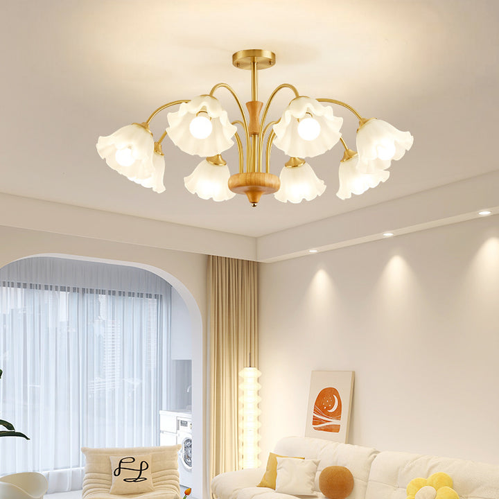 Lámpara de araña tradicional francesa redonda de cobre con vidrio y madera con 4/6/8 luces para sala de estar 