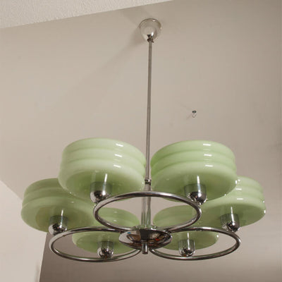 French Vintage Green Cream Glass Round Chrome Circle 6-Light Chandelier