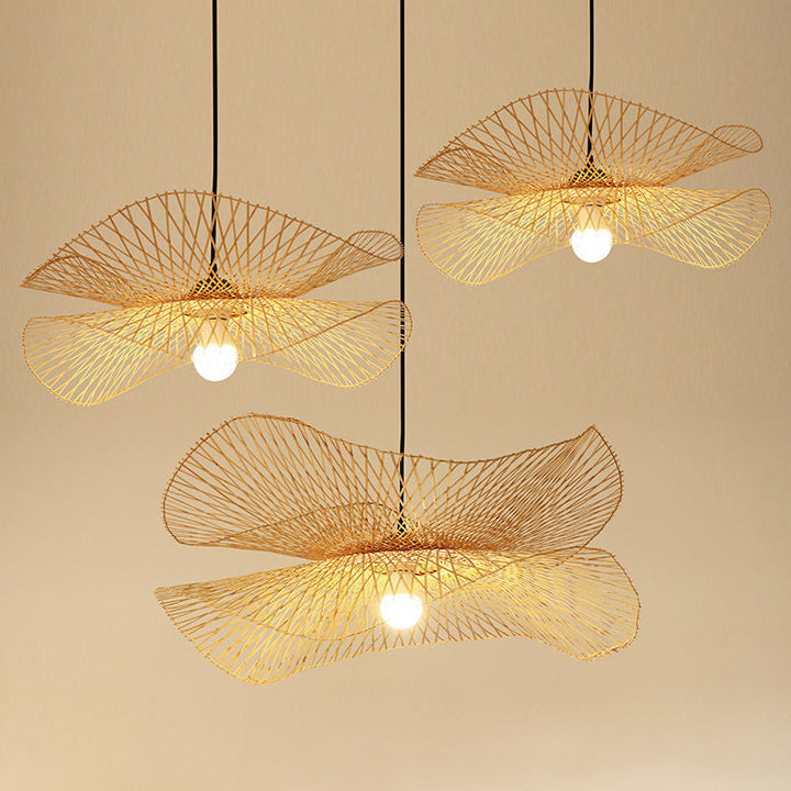 Traditional Chinese Iron Bamboo Weaving Hat Irregular Round Ball 1-Light Pendant Light For Dining Room