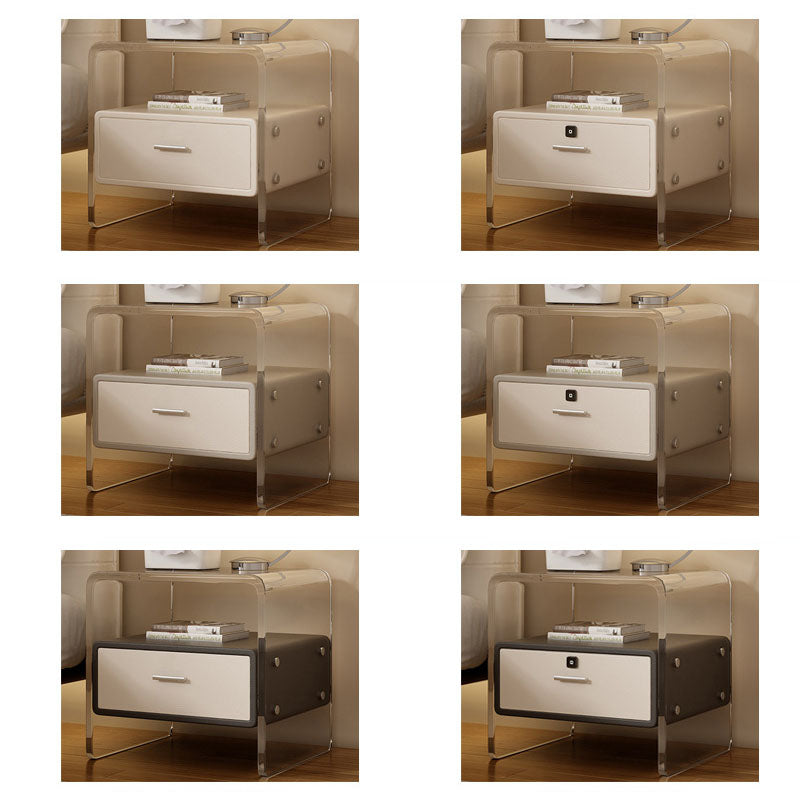 Modern Minimalist Cubic Rectangular Acrylic Pine Wood Microfiber Leather Nightstand 1-Drawer For Bedside