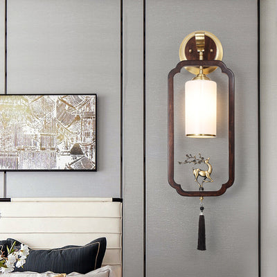 Traditional Chinese Brass Rubber Wood Glass Rectangular Cylinder Deer 1-Light Wall Sconce Lamp For Hallway