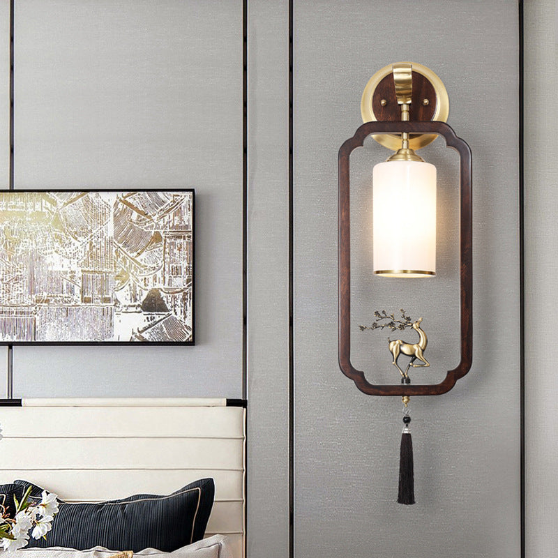 Traditional Chinese Brass Rubber Wood Glass Rectangular Cylinder Deer 1-Light Wall Sconce Lamp For Hallway