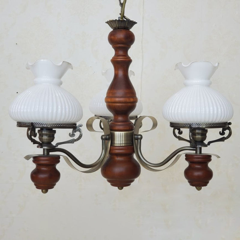 Chandelier traditionnel rustique en fer à fleurs rondes en bois massif à 3 lumières pour salon 