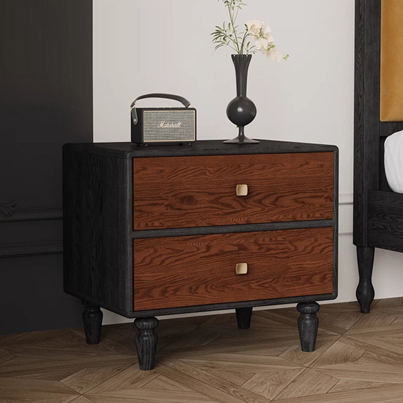 Table de nuit contemporaine rétro rectangulaire en métal à grain de bois 2 tiroirs pour chambre 