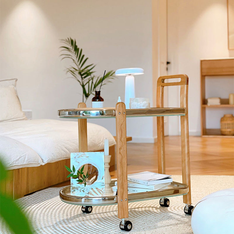 Moderner minimalistischer quadratischer Holz-Glas-Endtisch, zweistufiger Wagen, drehbar für das Wohnzimmer 