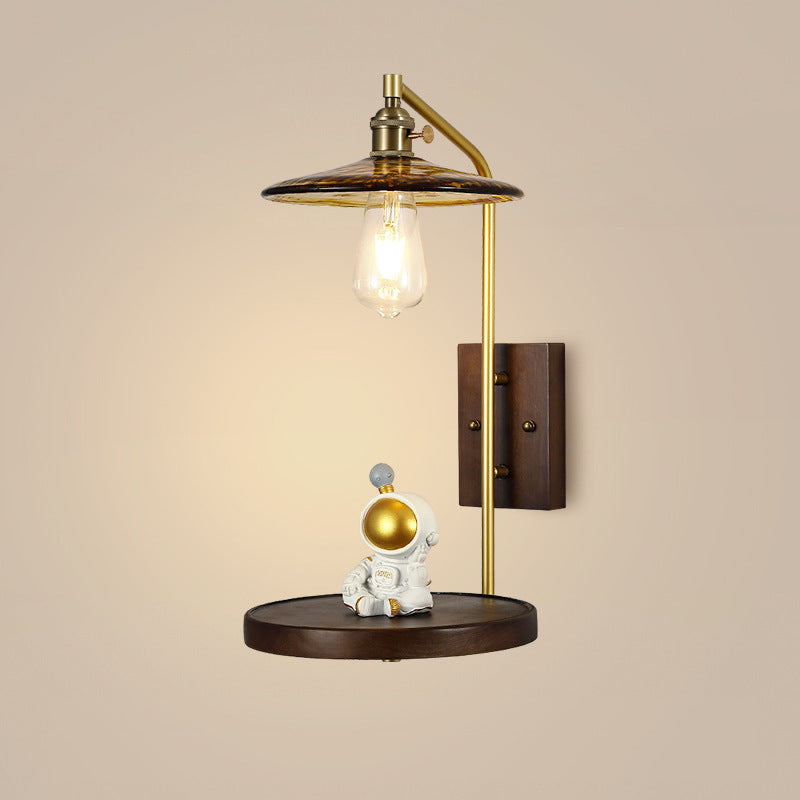 Traditional Vintage Round Wood Iron Glass 1-Light Wall Sconce Lamp For Bedroom