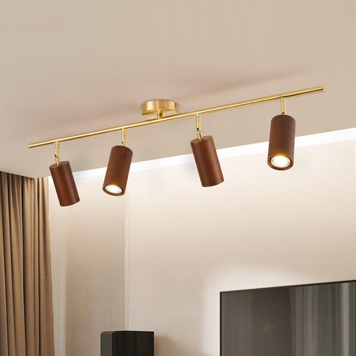 Modern Minimalist Walnut Wood Spotlight Linear Track Rubberwood Iron LED Semi-Flush Mount Ceiling Light for Living Room