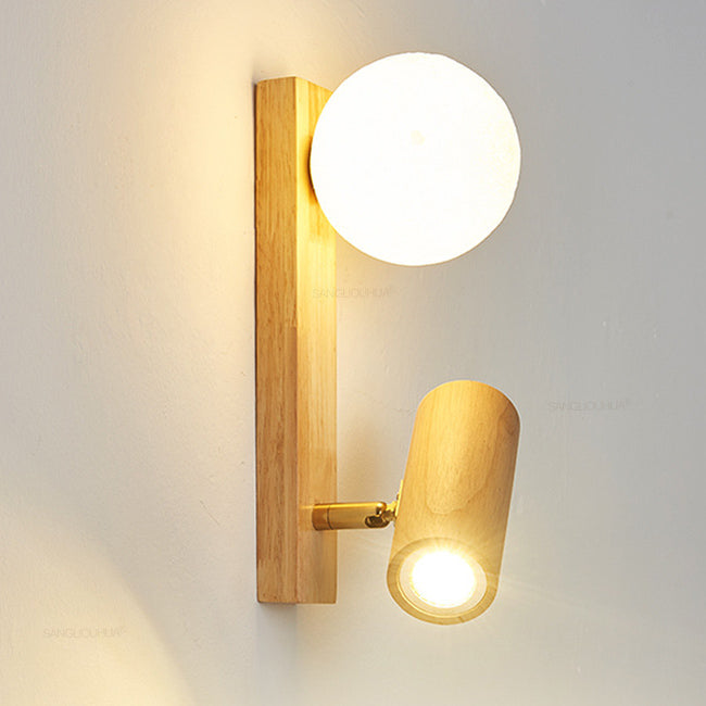 Zeitgenössische skandinavische rechteckige Kugel-Zylinder-Holz-PE-LED-Wandleuchter-Lampe für Schlafzimmer 