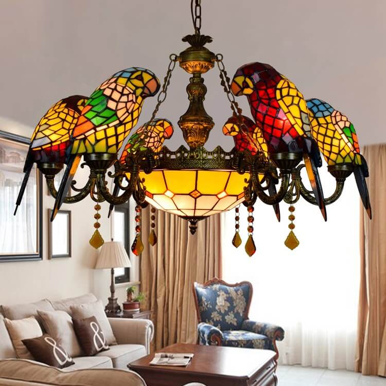 Tiffany Light Luxury Stained Glass Parrot 8-Light Chandelier