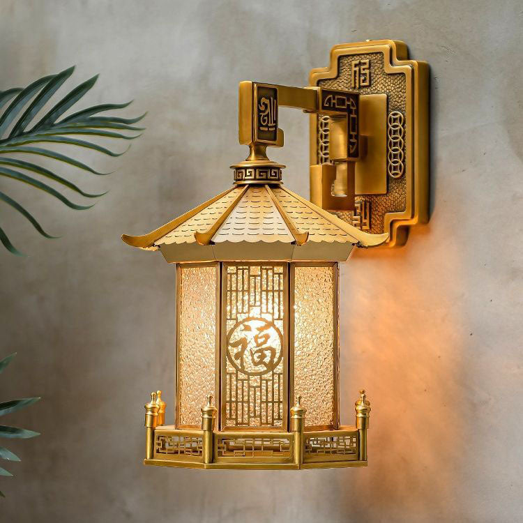 Lámpara de Aplique de Pared de 1 Luz en Forma de Cono de Cilindro de Vidrio de Acero Inoxidable de Latón Impermeable Tradicional Chino para Patio Exterior 