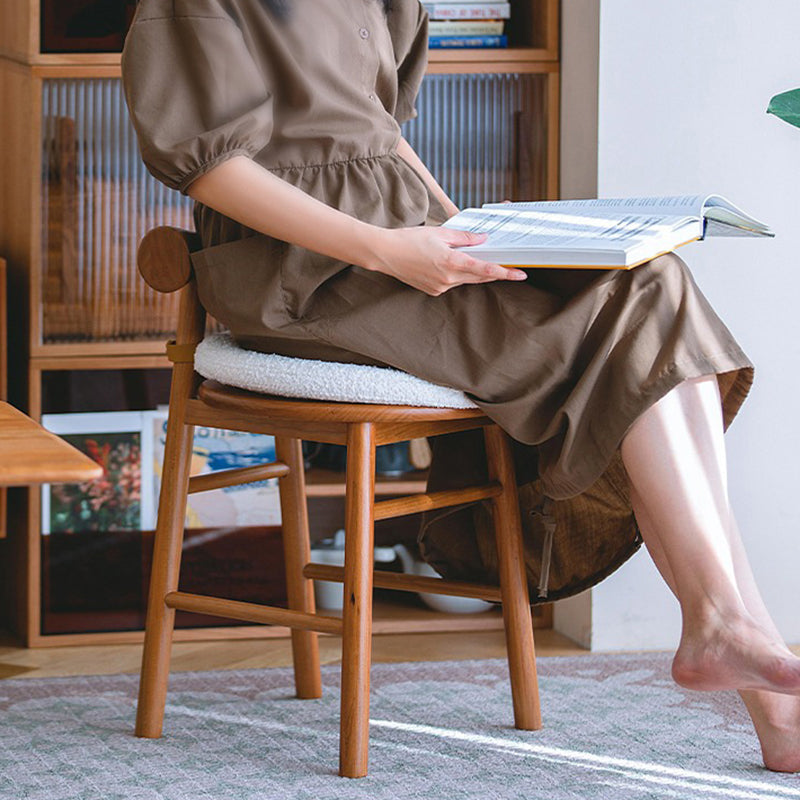 Taburete tocador redondo de madera de estilo moderno y sencillo con tela sherpa, respaldo y reposapiés para dormitorio 