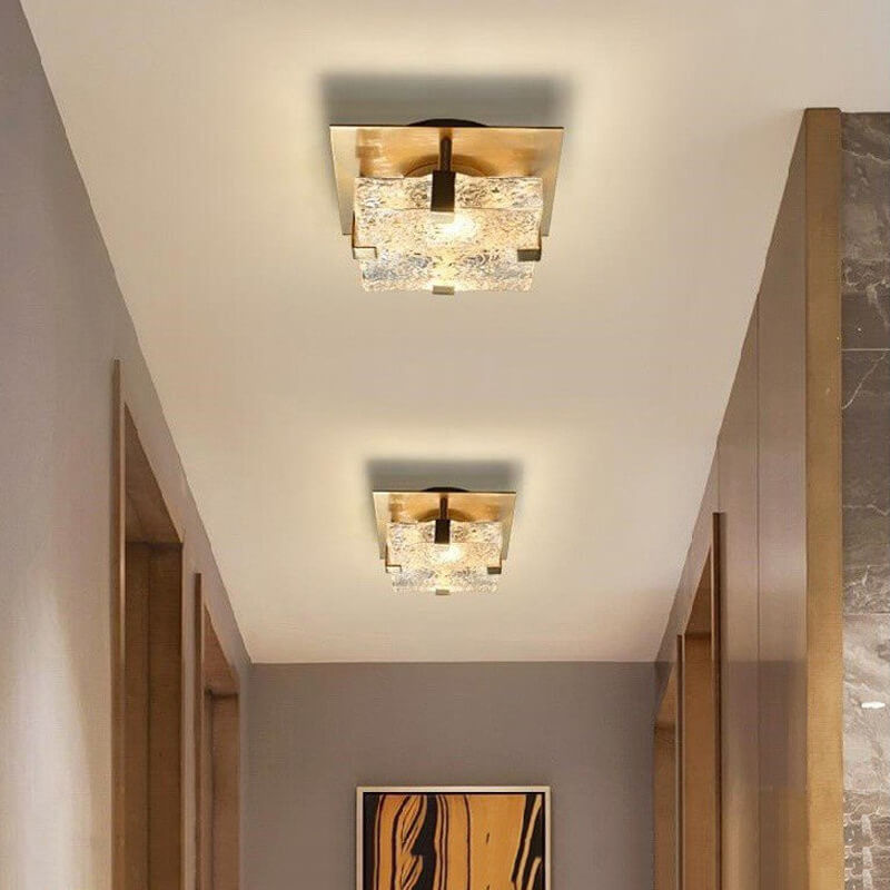 Modern Light Luxury Copper Cube Water Pattern Glass LED Semi-Flush Mount Ceiling Light