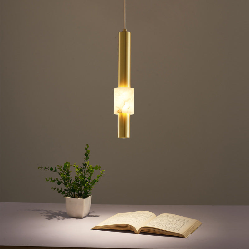 Lustre LED contemporain de luxe en cuivre à bande longue avec abat-jour en marbre pour salon 
