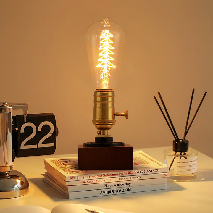 Lampe de table contemporaine avec base carrée rétro, ampoule elliptique, aluminium, cuivre, noyer, 1 lumière pour table de chevet 