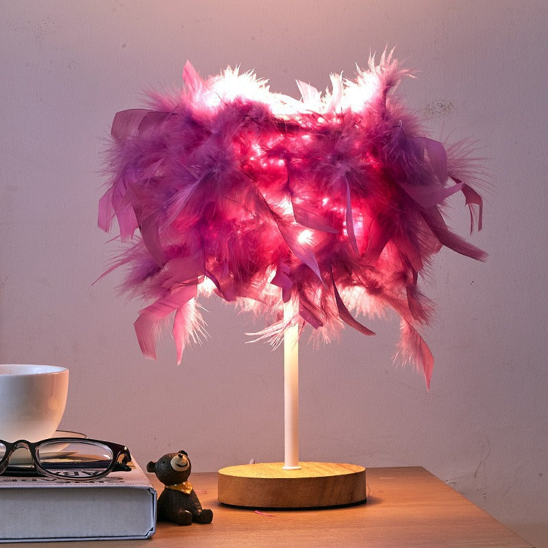 Lampe de table LED rechargeable USB avec base en bois et tissage de plumes Art Déco moderne pour chambre 