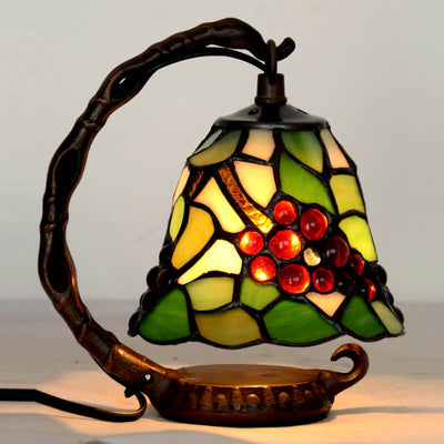 Vintage Tiffany Grape Stained Glass Metal Base 1-Light Table Lamp