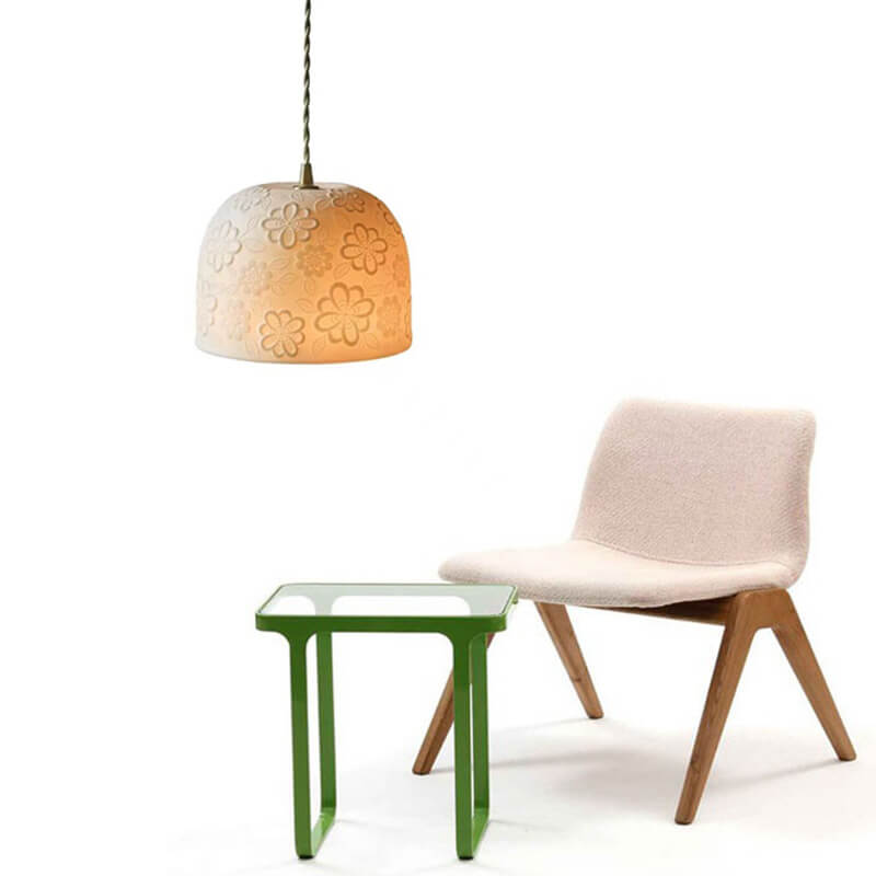 Contemporary Nordic Flower Pattern Ceramic Iron Brass Round Drum 1-Light Pendant Light