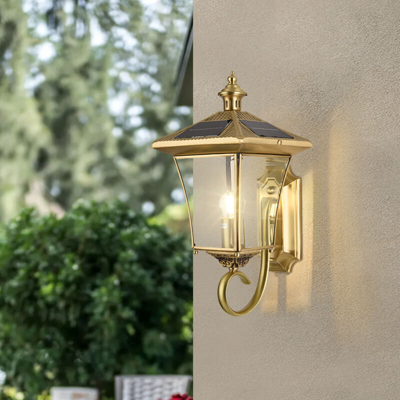 European Retro Solar Copper Roof Lantern 1-Light Outdoor Wall Sconce Lamp