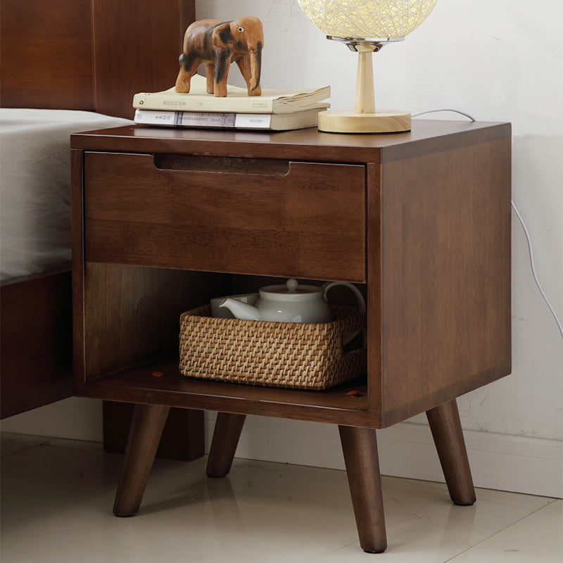 Contemporary Scandinavian Square Tabletop Rubberwood Nightstand 1-Drawer For Bedroom