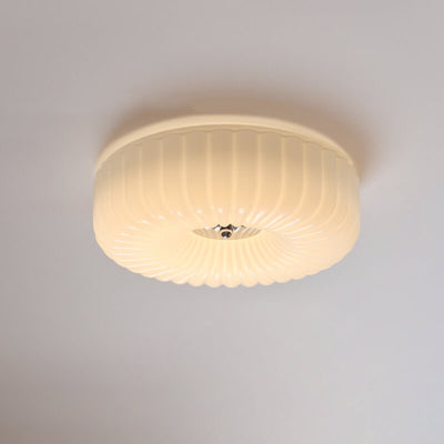 French Minimalist Cream Textured Glass Round LED Flush Mount Ceiling Light