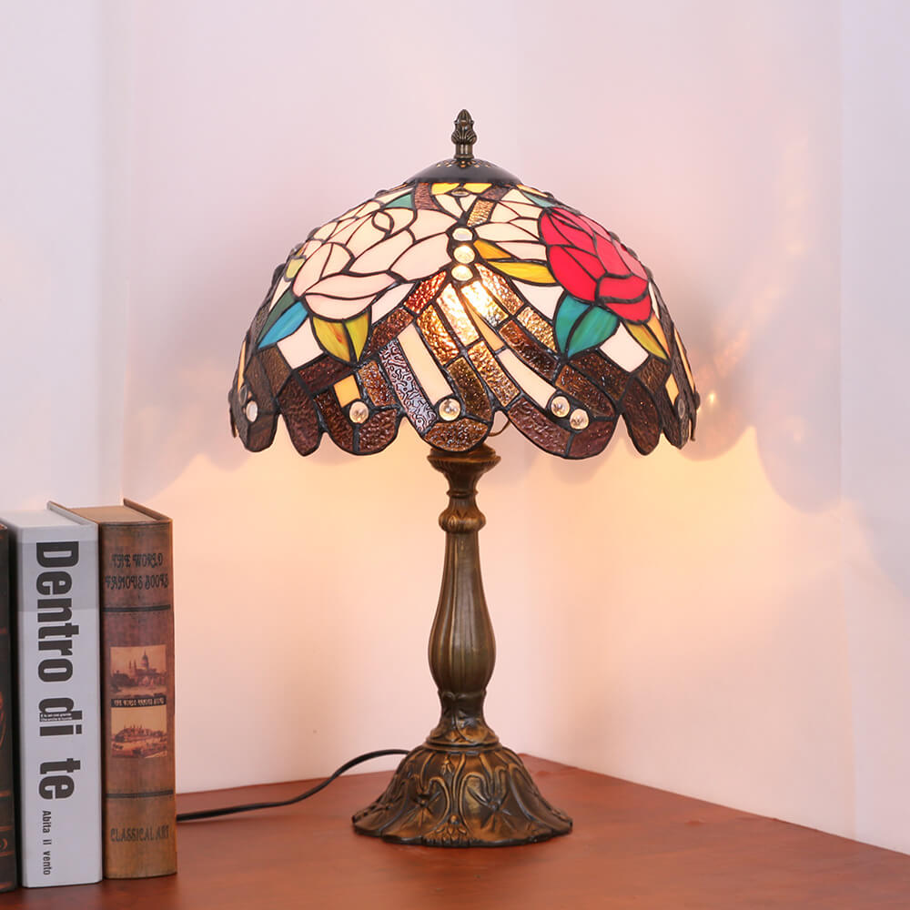 Retro Tiffany-Pfingstrosen-Muster Buntglas-Kuppel 1-Licht Tischlampe 